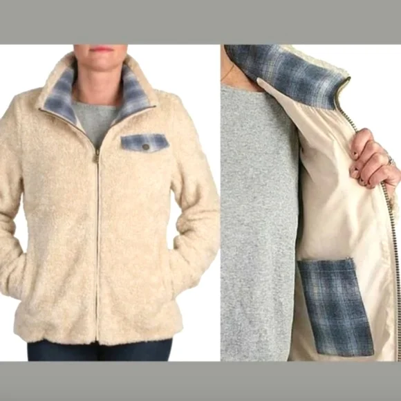 Pendleton Cream Sherpa Jacket with Blue Plaid Lining - Picture 2 of 12